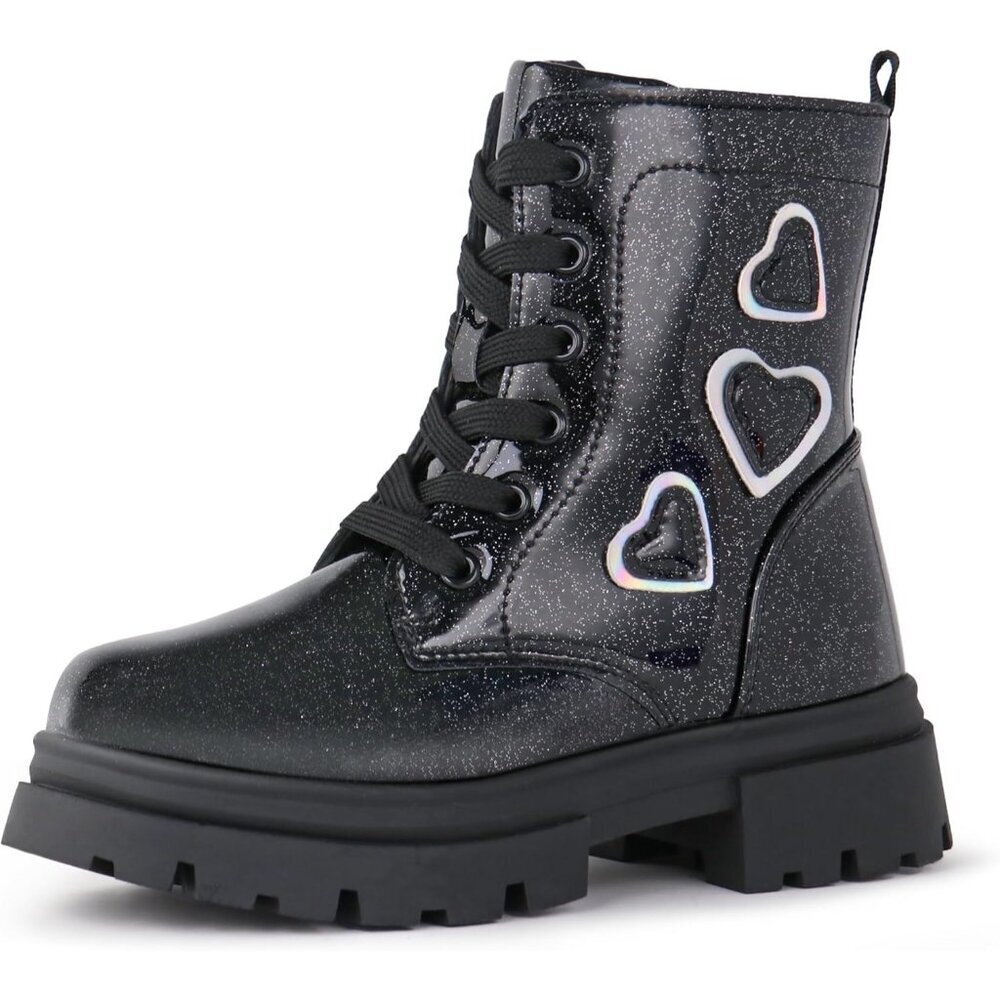 Girl's Black Fashion Shiny Rubber Combat Kids Slip-On Lightweight Ankle Boots